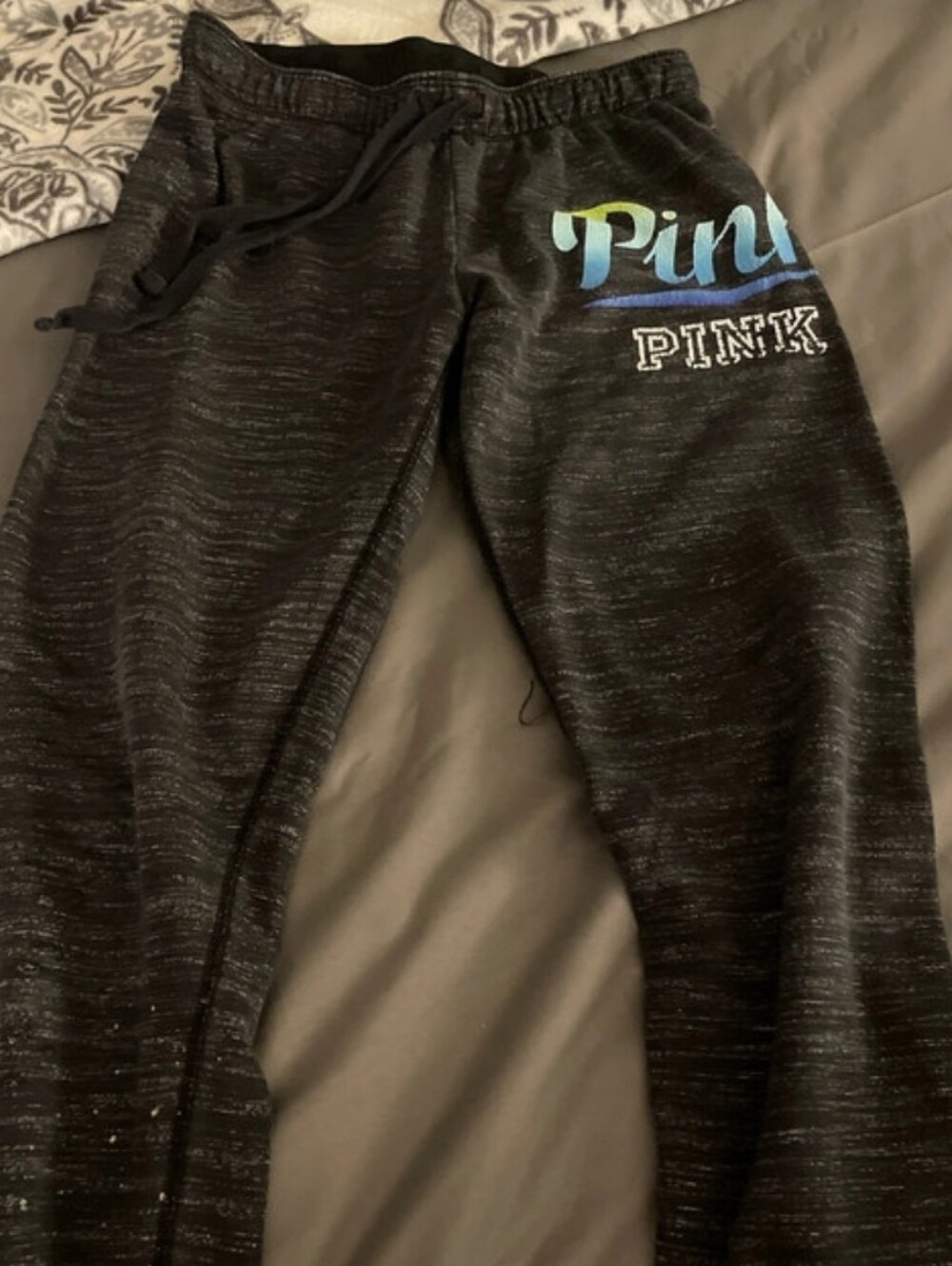 PINK Victoria's Secret Black Heather Joggers with Blue-Green Logo